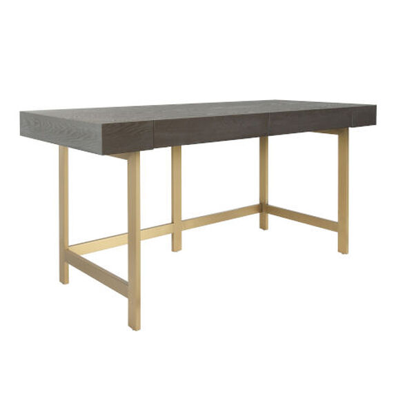 Boone Antique Brass Two Drawer Desk with Brushed Brass Base and Smoke Grey Oak Top, image 2